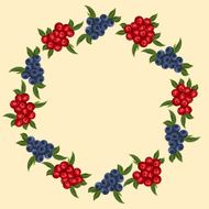 frame of blueberries and cranberries with green leaves