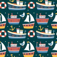 Seamless pattern with boats ships lifeline seagull and anchor