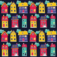 Seamless pattern with houses and clouds