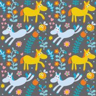 Seamless pattern with horses flowers berries and bee