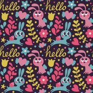 Seamless pattern with rabbit wings flowers hearts and hello