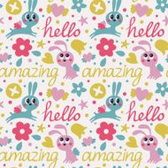 Seamless pattern with rabbit wings flowers hearts and hello N2