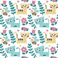 Seamless pattern made with bee cats flowers plants and hear N2