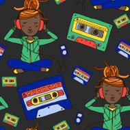 Vector seamless pattern with girl listening music and old cassettes N2