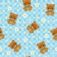 Blue checkered floral seamless pattern with teddy bear