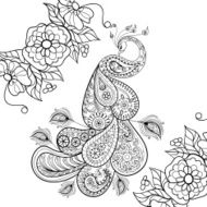 Zentangle Peacock totem in flowersfor adult anti stress Coloring N2