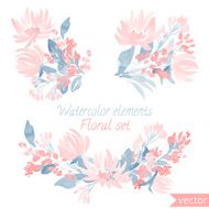 set of watercolor flowers and leaf