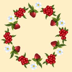 frame of strawberries and cranberries with green leaves