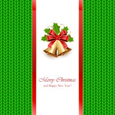 Christmas bells on green knitted pattern