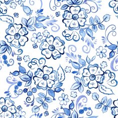 Floral Watercolor seamless pattern in Russian Gzhel Style