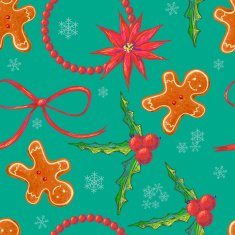 Seamless pattern with Christmas flower holly berry ginger cookie
