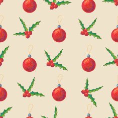 Seamless pattern with Christmas holly berries and balls