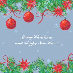 Sweet Christmas greeting card with fir twigs balls and flowers