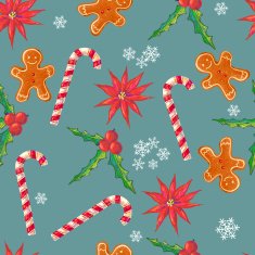 Seamless pattern with flowers holly berries sweet cane ginger cookie