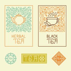 Vector tea packaging labels and badges in trendy linear style