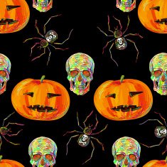 Seamless Halloween pattern with skulls spider and pumpkin