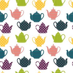 seamless pattern with colorful coffee and teapot silhouettes