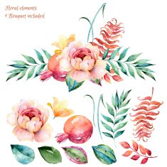 Colorful white-purple floral collection with leaves and roses