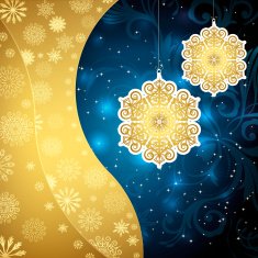 Golden snowflakes and frosty patterns on a dark blue background