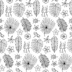 Seamless hand drawn doodle pattern with beetles and tropical elements N2