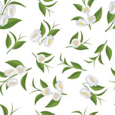 Seamless texture with leaves and flowers of tea Camellia flowers