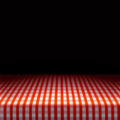 Vector picnic table covered with tablecloth on dark background