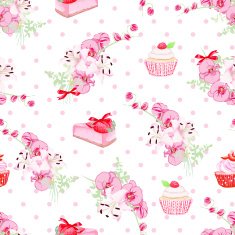 Delicious french desserts and fresh flowers seamless vector pattern