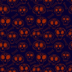 Cartoon skulls in blue and orange halloween seamless pattern vector