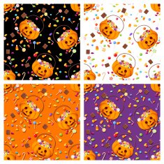 Set of four seamless patterns with Halloween candies Vector illustration