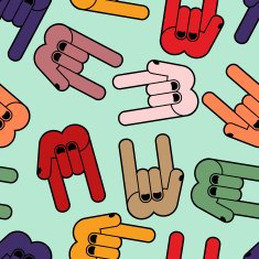 Multicolored Rock hand sign seamless pattern and roll back