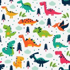 Cute vector seamless pattern with funny dinosaurs clouds and trees N2