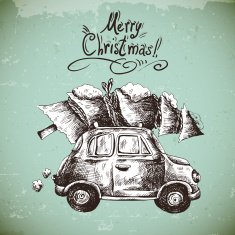 Vintage vector winter greeting card with retro car