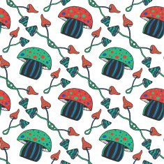 Hand drawn colorful psychedelic mushrooms seamless pattern N2