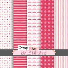 Set of white and pink dotted stripes chevron seamless patterns N2