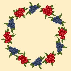 frame of blueberries and cranberries with green leaves