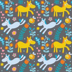 Seamless pattern with horses flowers berries and bee
