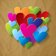 Valentines postcard hearts colorful on a crumpled paper brown background N2