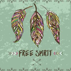 Poster with hand drawn colorful feathers