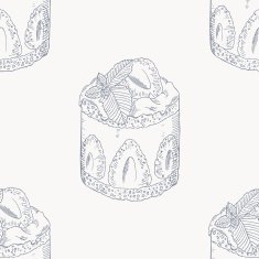 Strawberry cream cake outline seamless pattern