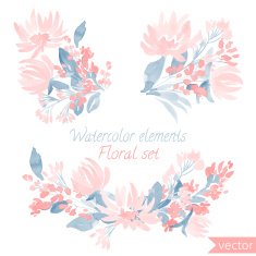set of watercolor flowers and leaf