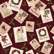Vector Vintage Christmas Stamps Seamless Pattern Mistletoe wreaths Tinsel