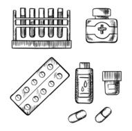 Blood test tubes bottles and pills sketch