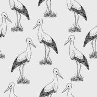 Vector monochrome storks background hand drawn graphic stork seamless pattern