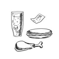 Hot dog chicken leg soda glass and bill
