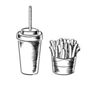 French fries and cold soda drink sketches