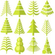 twelve green trees of different shapes