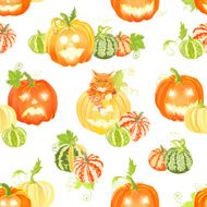 Autumn happy pumpkins and cat seamless vector print