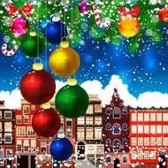 Christmas ball on the background of snow-covered streets