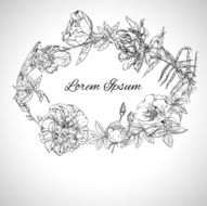 Wreath of flowers with space for text Line Art monochrome