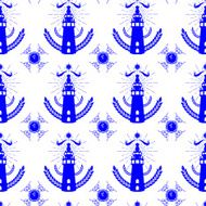 Seamless pattern with Lighthouse in Dutch tile style blue